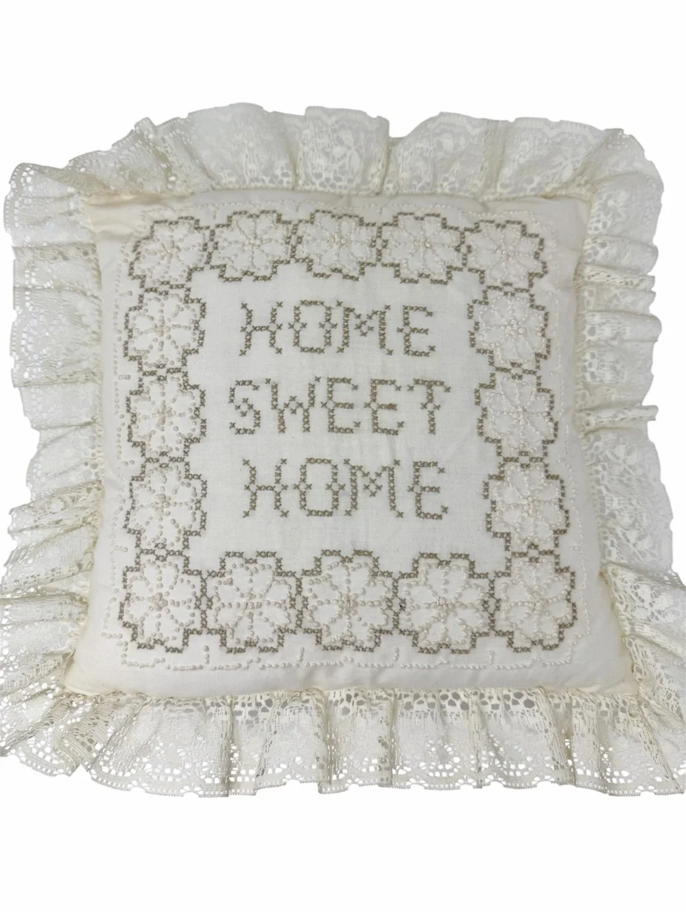 Vintage ‘Home Sweet Home' Candlewick Pillow Lace Ruffle Pillow - Cream